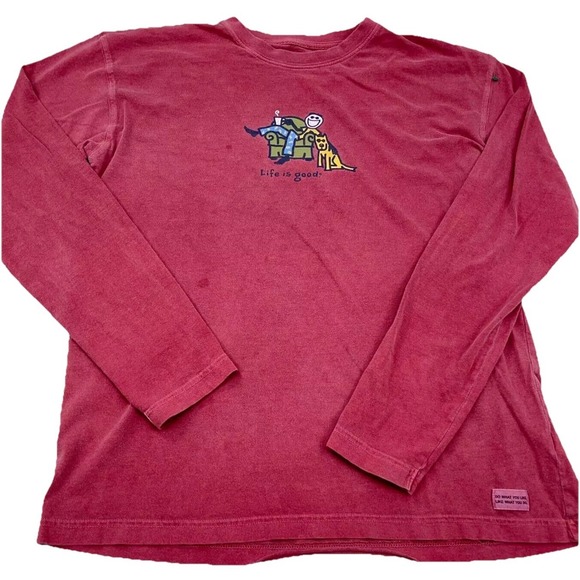 Life Is Good Other - Life Is Good Shirt Men Small Pink Tee Long Sleeve Recliner Dog Relaxing Dad *